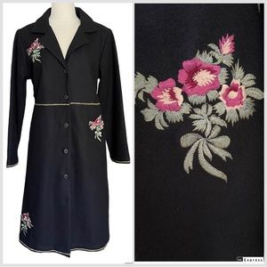 Embroidered Wool Black Coat Pink Red Flowers by Putumayo Size Medium